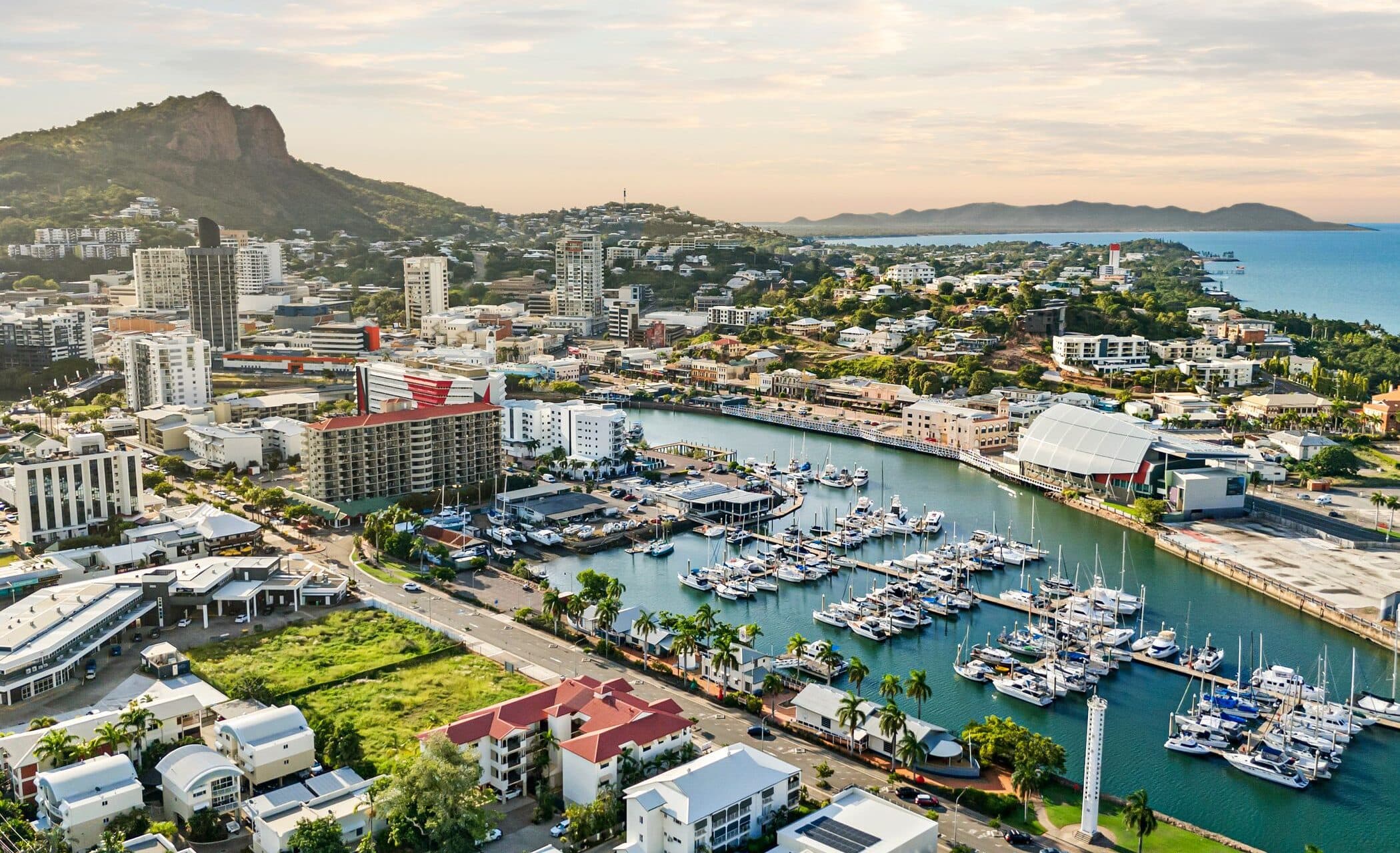 An aerial view of a city with a river running through it